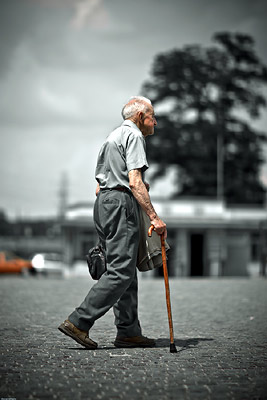 Old man walks across the Holocaust Memorial